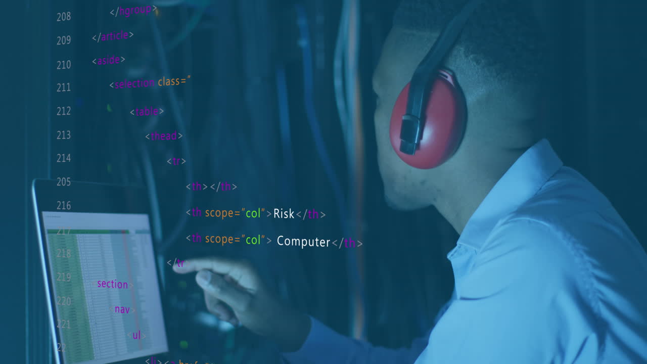 Animation of data processing against african american male engineer using laptop at server room