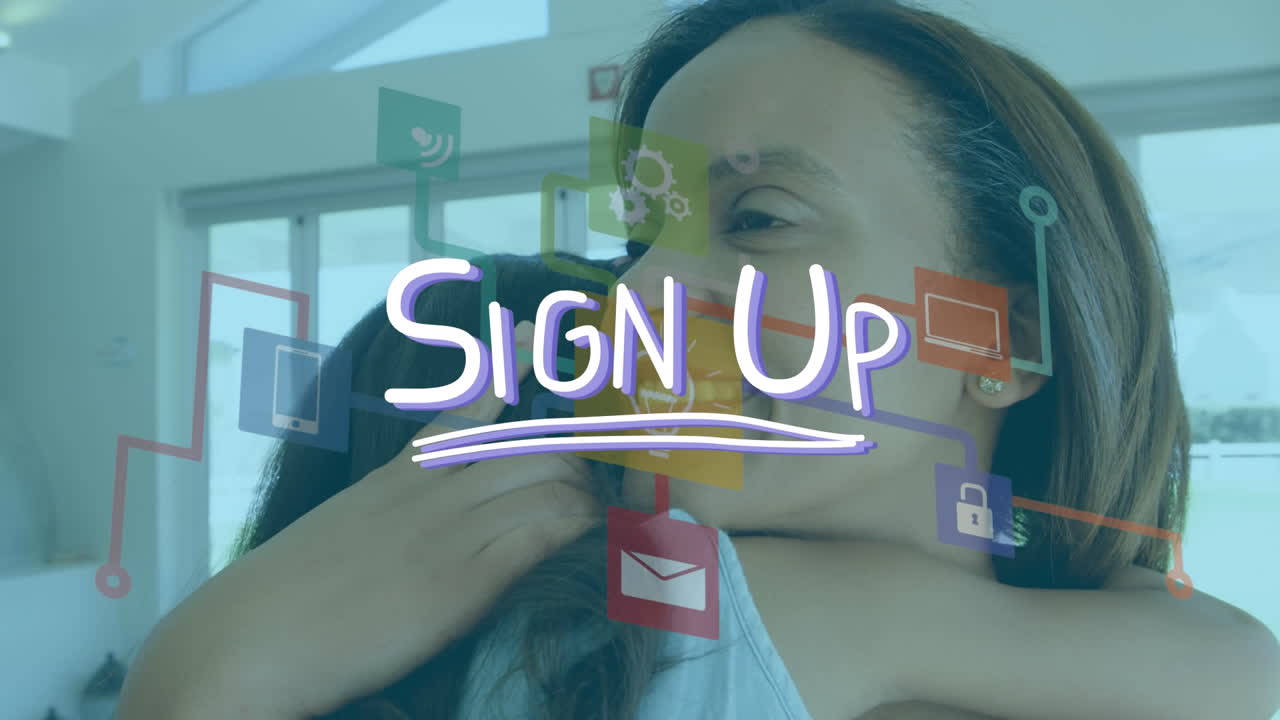 animación de banner de texto de registro e iconos digitales sobre una madre afroamericana abrazando a su hija