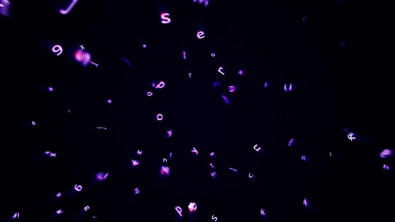 letra inglesa alfabeto volando en fondo negro. composición abstracta movimiento tipográfico bucle sin fisuras fondo animado 4k 3d renderización de los caracteres rosados púrpuras de los alfabetos.