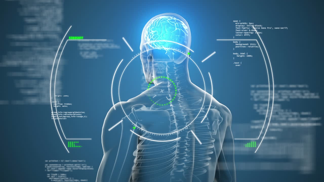 Animation of scope scanning over data processing and spinning human body model