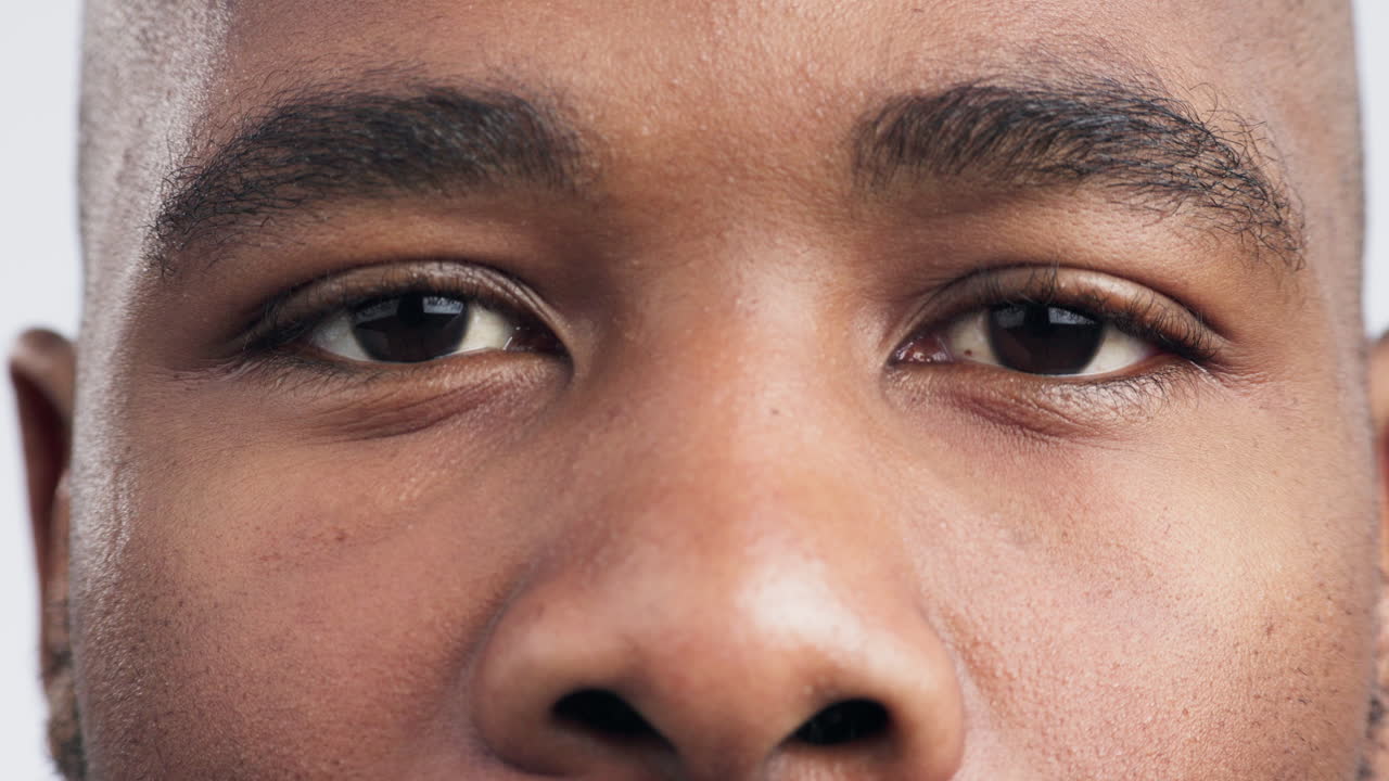 Eye, zoom and iris with portrait of black man