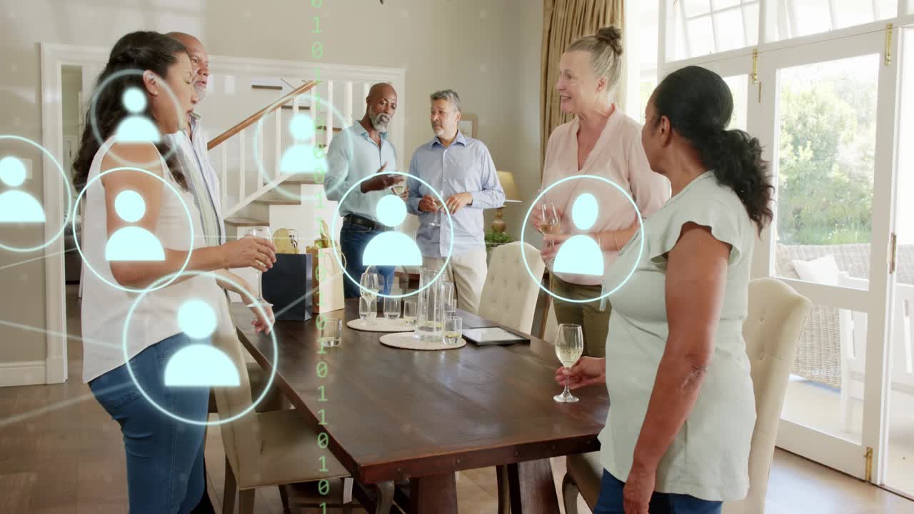 Man holding bottle gesturing, user icons and binary expanding over group, tech visualizing network