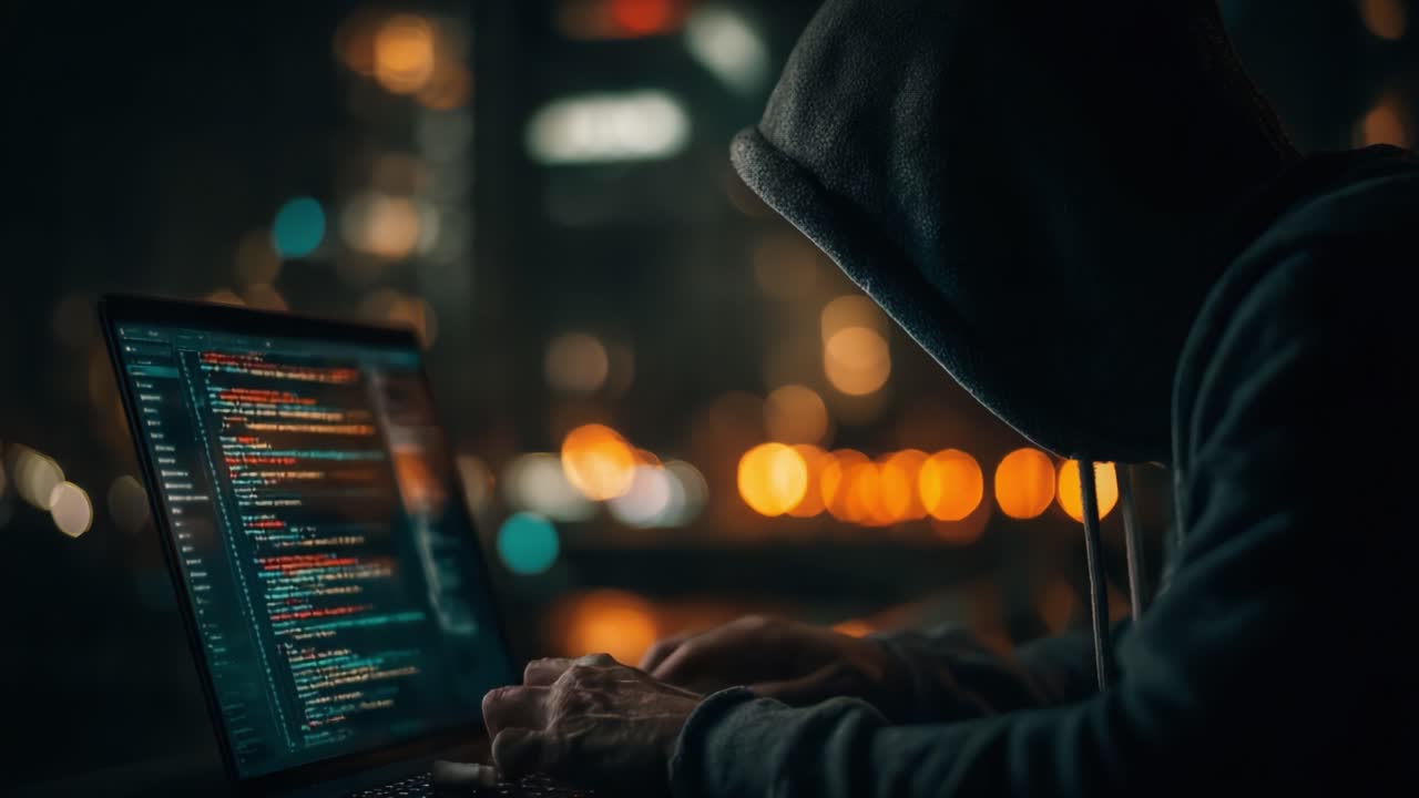 Shadows of Code: A Mysterious Figure Engaged in Stealthy Programming Under Night Lights, Merging Technology with a Daring Aesthetic in a Cityscape Setting