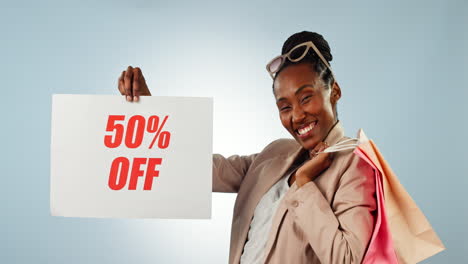 Black-woman,-discount-and-billboard-sign