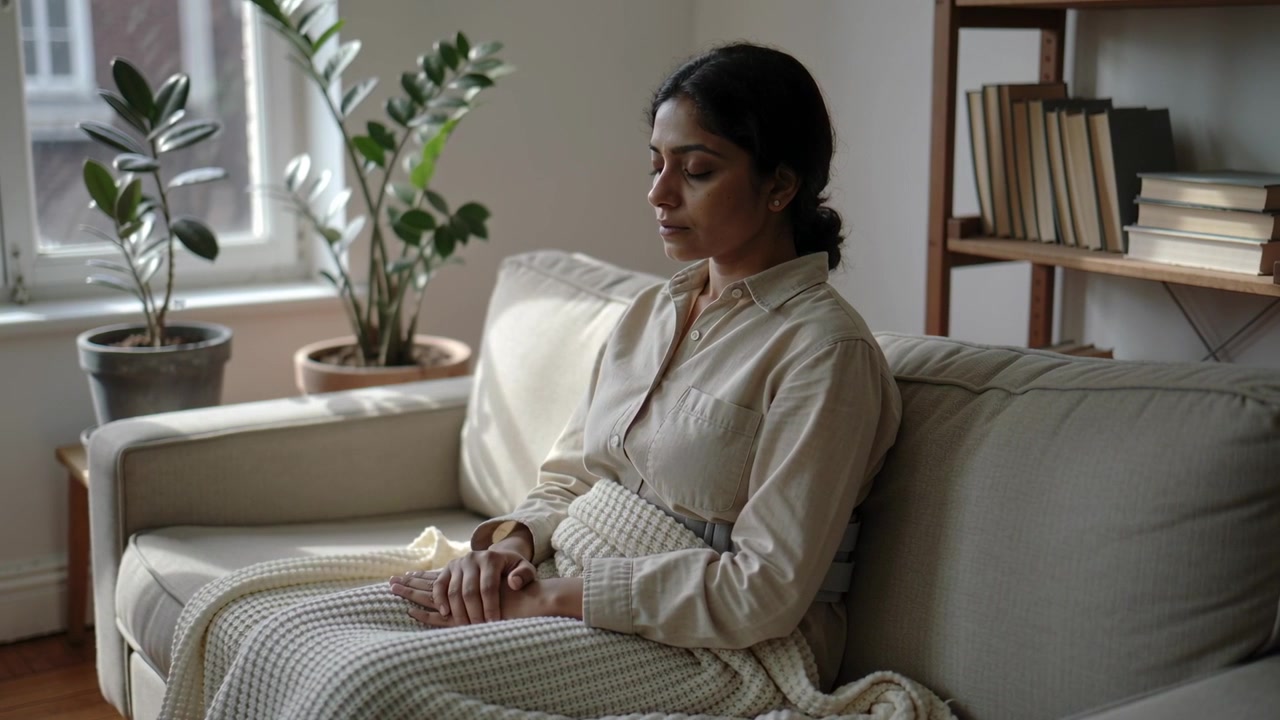 Blinking woman in beige shirt reacting to sunlight from window, holding hands on sofa with blanket