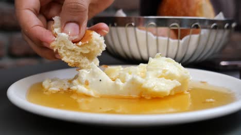 turkish breakfast with bread, cheese, and honey