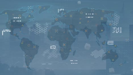 Animación-Del-Procesamiento-De-Datos-Sobre-El-Mapa-Mundial-Contra-La-Vista-Aérea-Del-Paisaje-Urbano