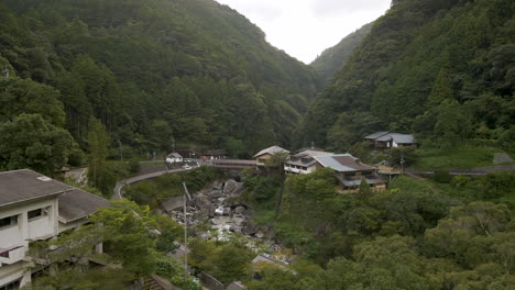 Toma-Aérea-De-Deriva-Lateral-Sobre-árboles-Y-Ríos-En-Zonas-Rurales-De-Japón-Cerca-Del-Desfiladero-De-Nakatsu