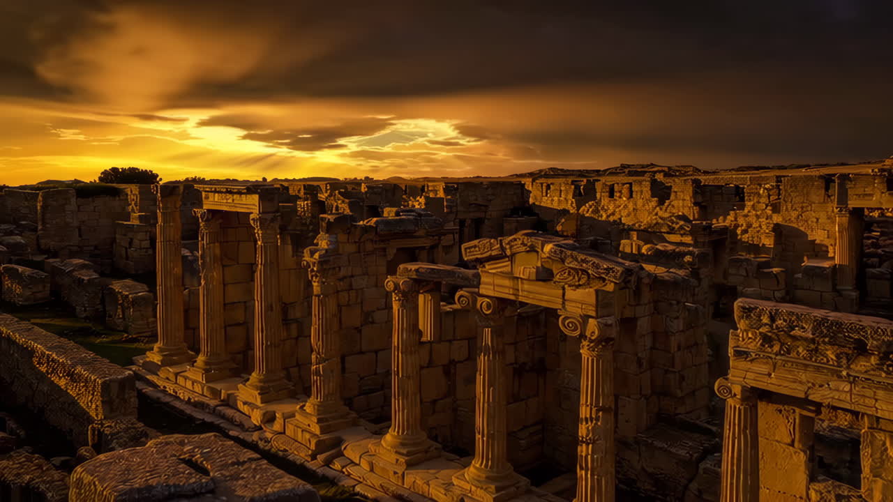 고대 폐허 위의 해가 지는 모습