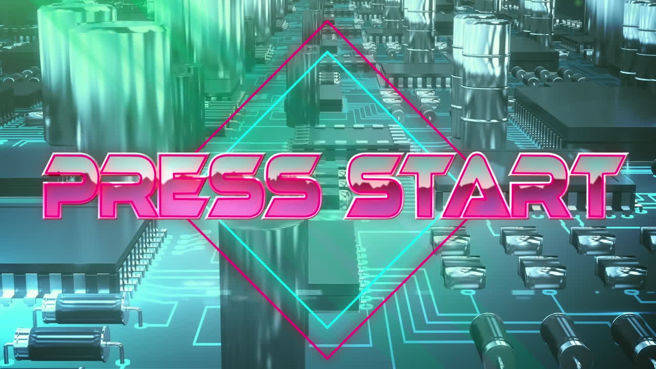 파란색 컴퓨터 메인보드에 네온 라인을 통해 분홍색 금속 텍스트의 애니메이션 프레스 시작