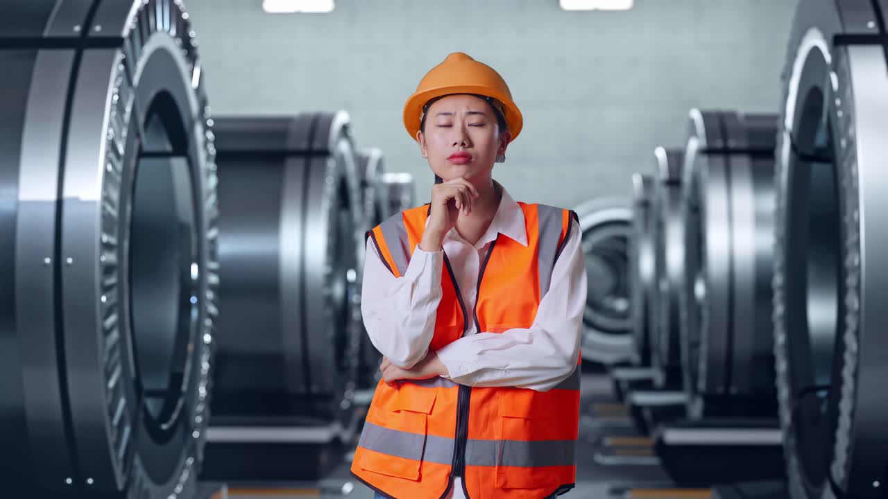 안전 헬을 입은 아시아 여성 엔지니어가 생각하고 주위를 둘러보고 금속 공장에서 서 있는 동안 지표손가락을 들어 올립니다.