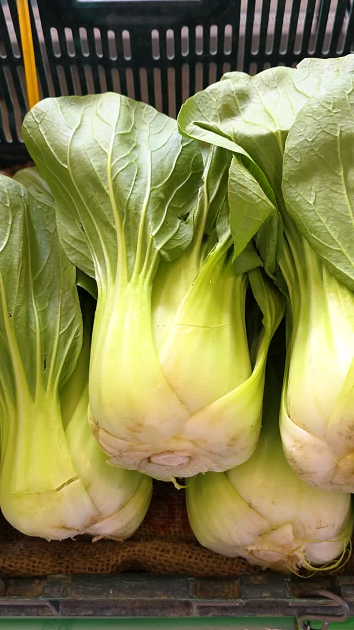 Fresh green bok choy in a store basket, vibrant and healthy vegetables
