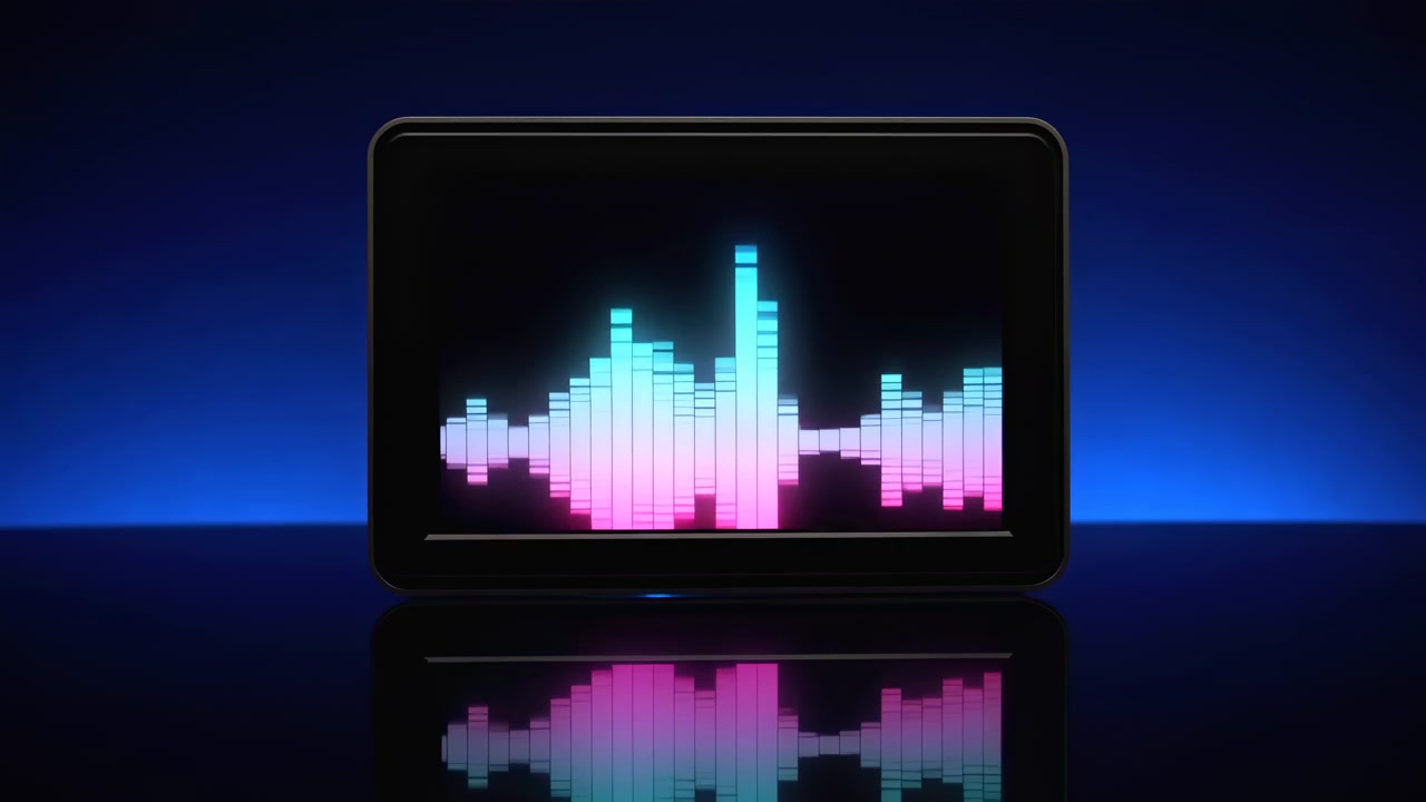 Bright cyan and magenta equalizer bars appear on a centered digital screen with a glossy reflection below, set against a dark blue background with soft studio