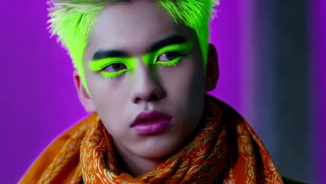 stylish man with neon makeup and orange scarf