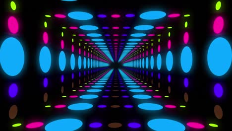 Animation-of-tunnel-of-colourful-spots-moving-over-black-background