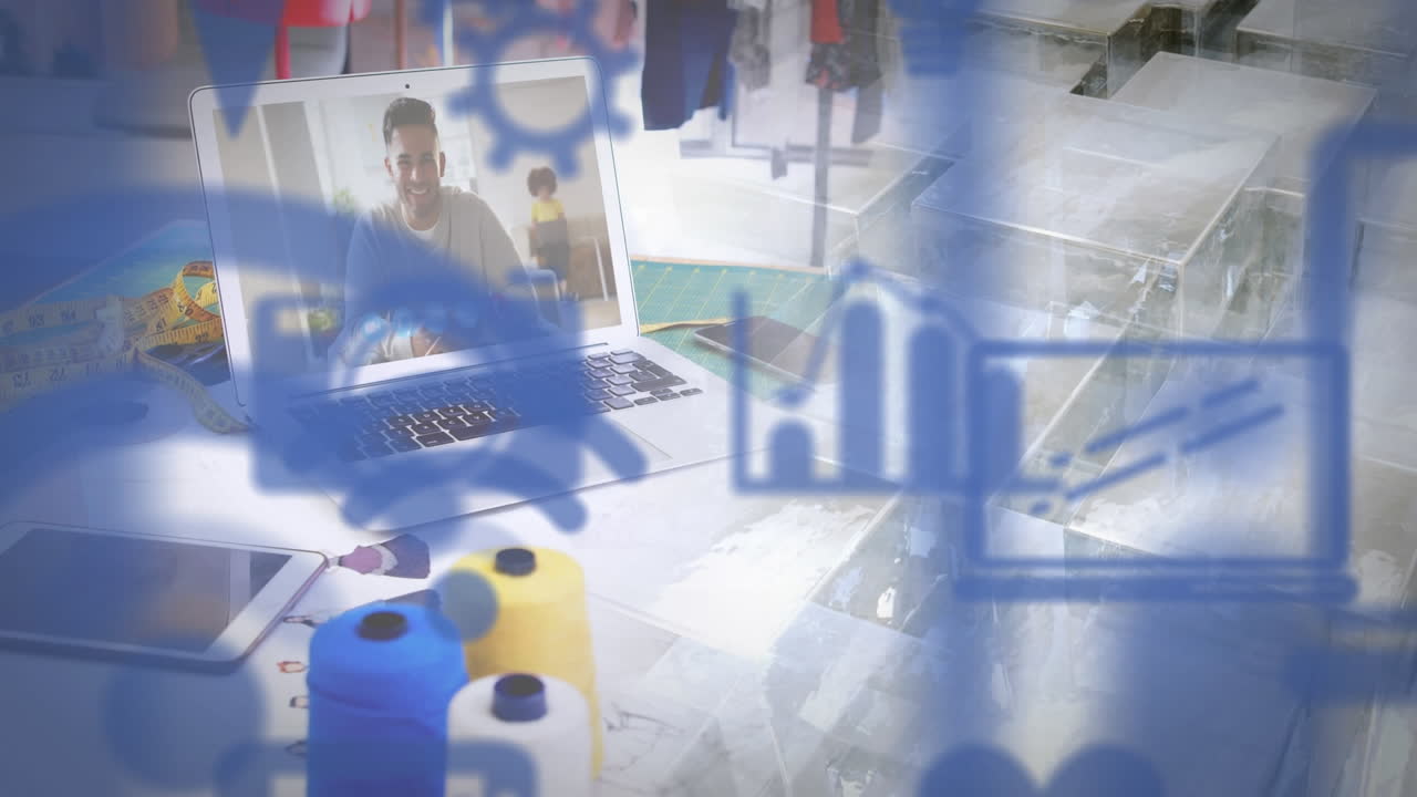 비디오 통화 중에 노트북 화면에 있는 사람 위에 디지털 아이콘이 있습니다.