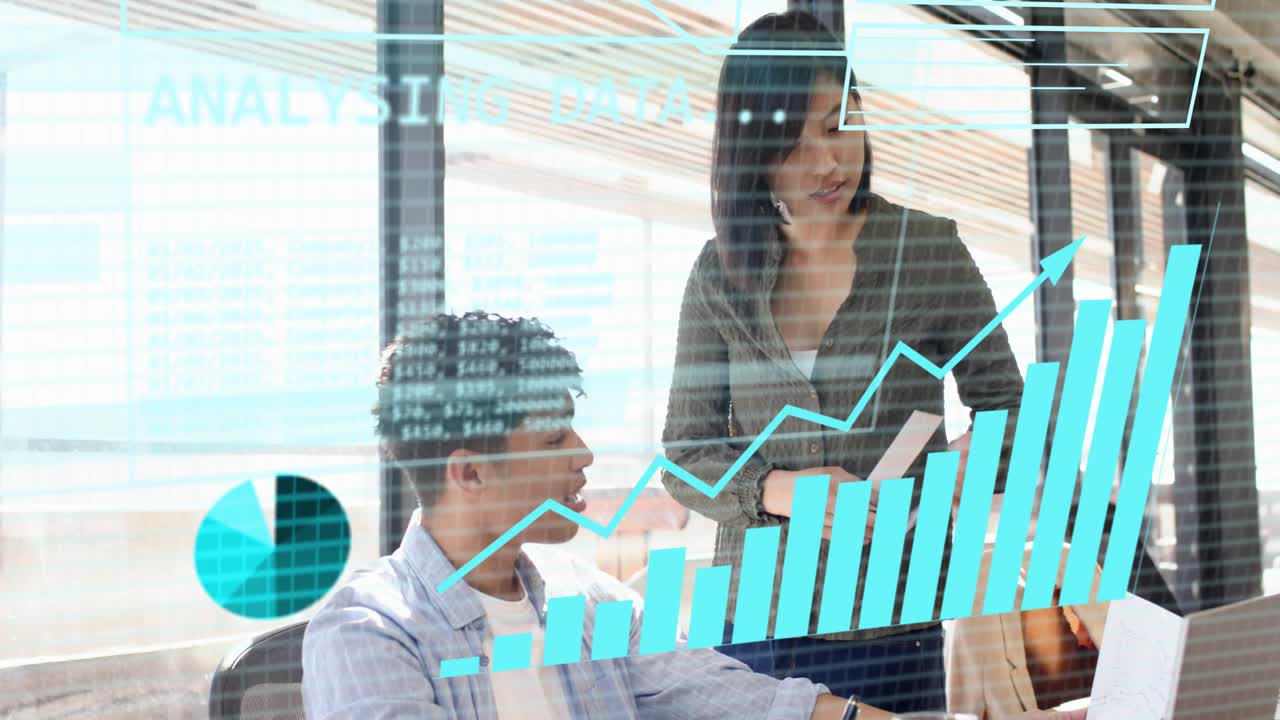 Woman handing notes to man at laptop, data charts over screen evolving into rising tech chart