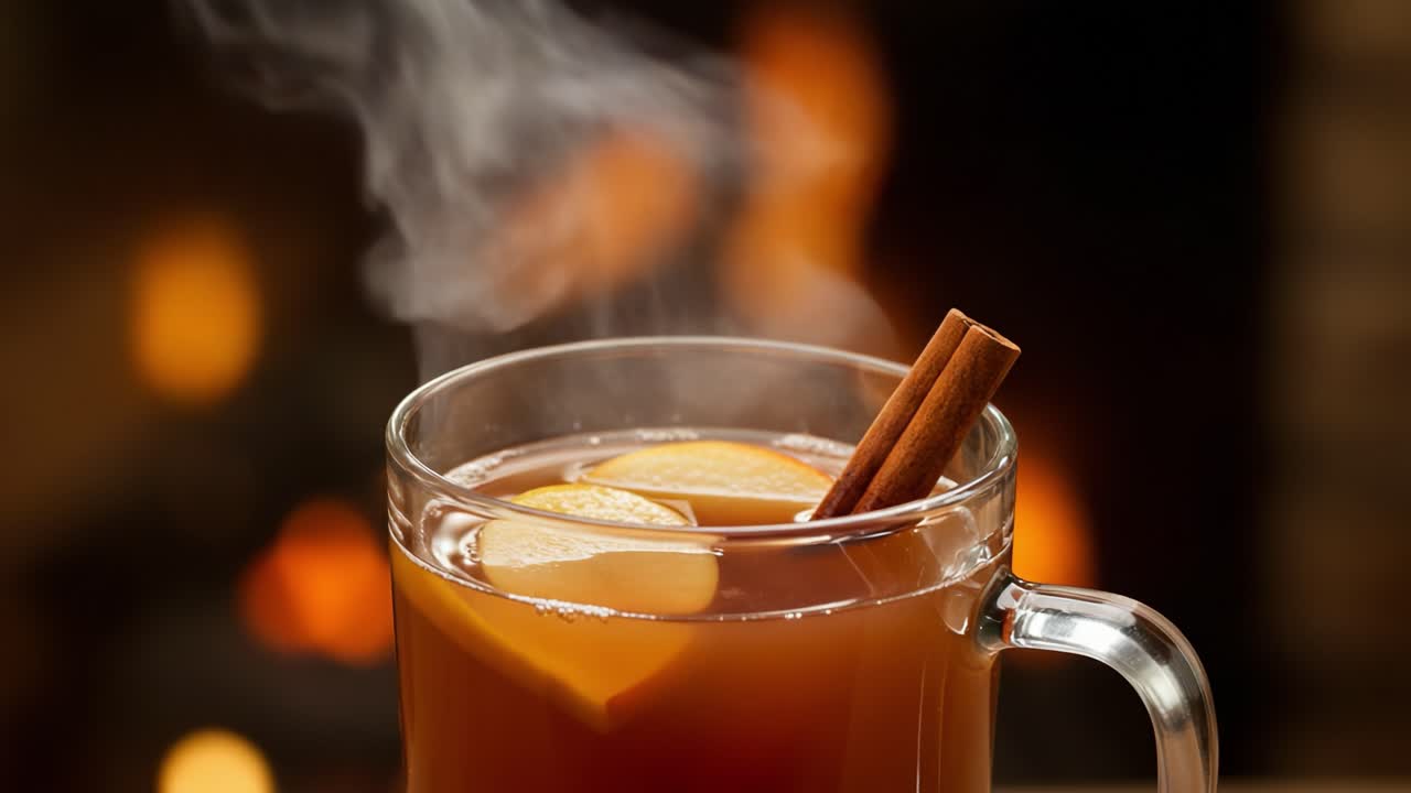 Steaming Hot Apple Cider with Cinnamon and Apple Slices by a Fireplace