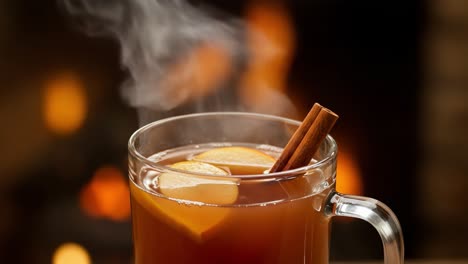 steaming hot apple cider with cinnamon and apple slices by a fireplace
