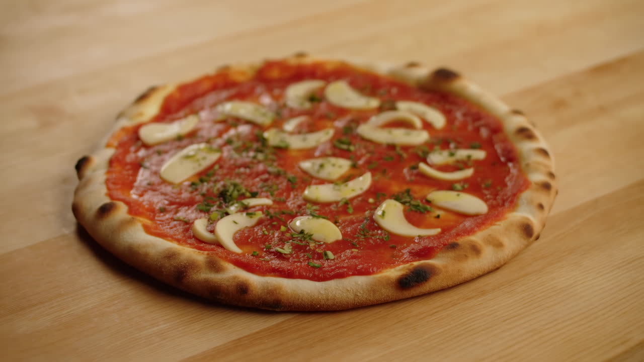 Pizza alle zucchine su bancone di legno, cosparsa di erbe aromatiche e pomodoro, zucchine affettate sottilmente disposte su una base leggermente bruciacchiata.