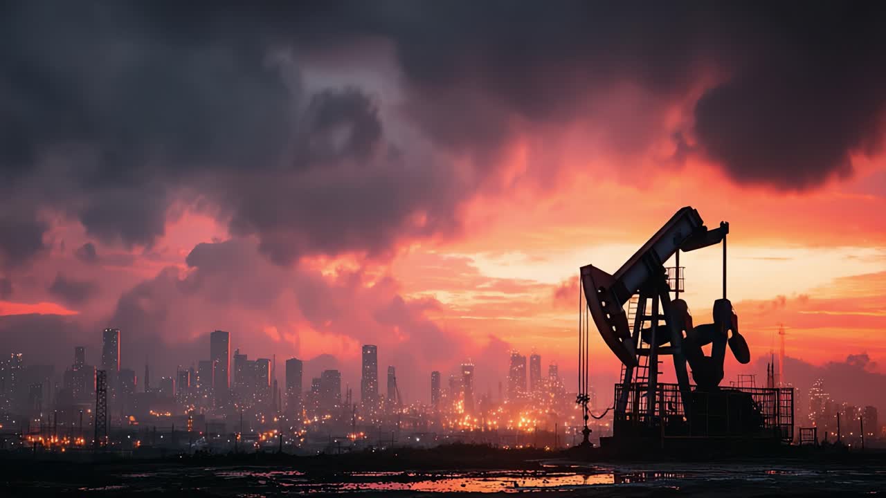 Un coucher de soleil spectaculaire sur un paysage urbain avec une pompe à pétrole, capturant l'intersection de l'industrie et de la nature dans un contraste visuel saisissant