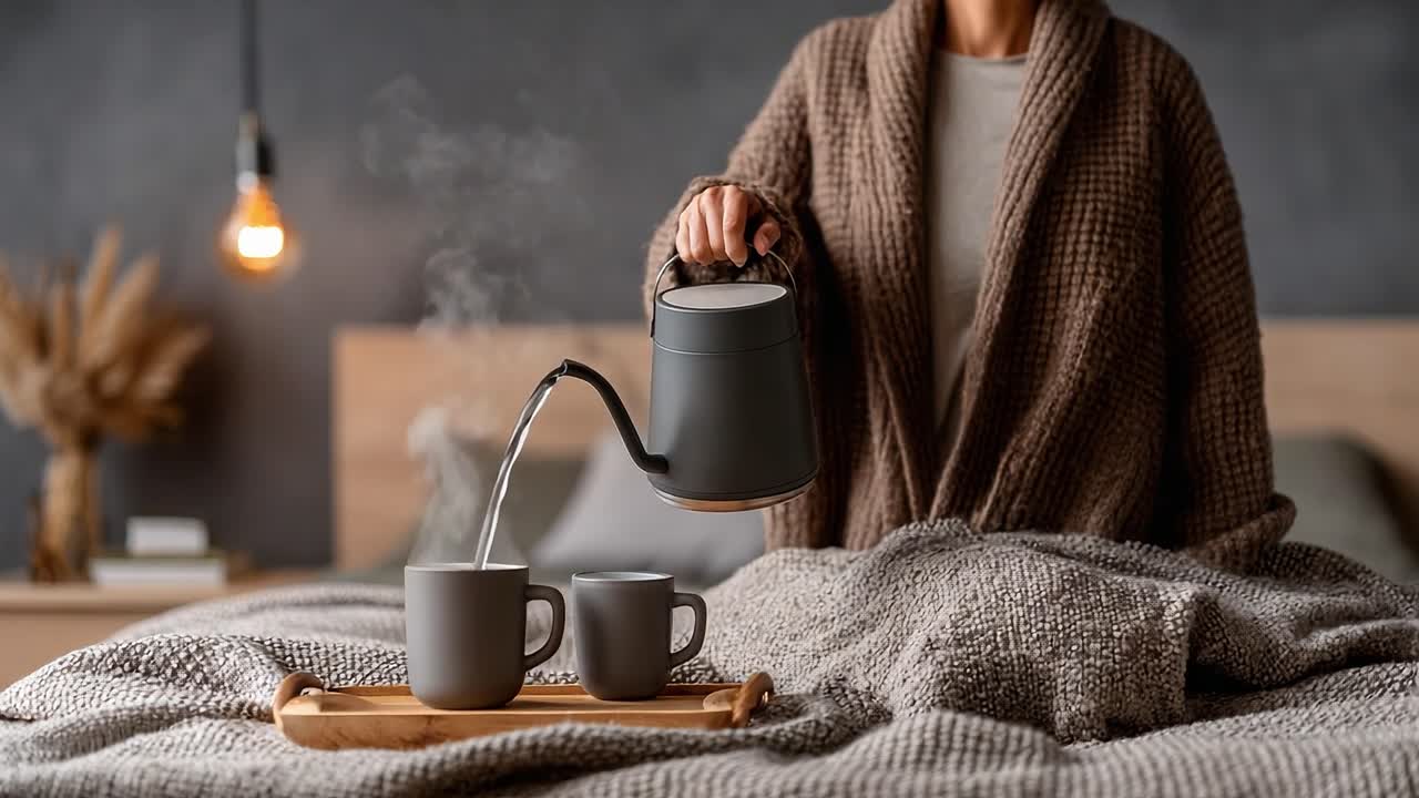 A Cozy Morning Ritual: Pouring Freshly Brewed Tea into Mugs on a Soft Bed with a Warm Blanket and Stylish Lighting in a Relaxing Bedroom Setting