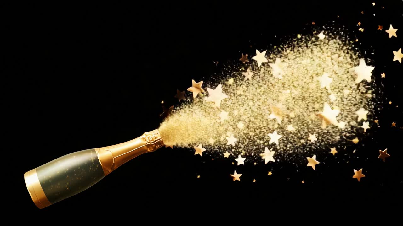 Celebratory Champagne Bottle Erupts with Golden Stars and Sparkles, Capturing the Essence of Joy and Festivity in a Stunning Burst of Effervescent Delight