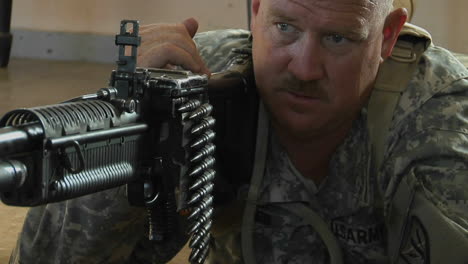 a man prepares to fire an automatic weapon