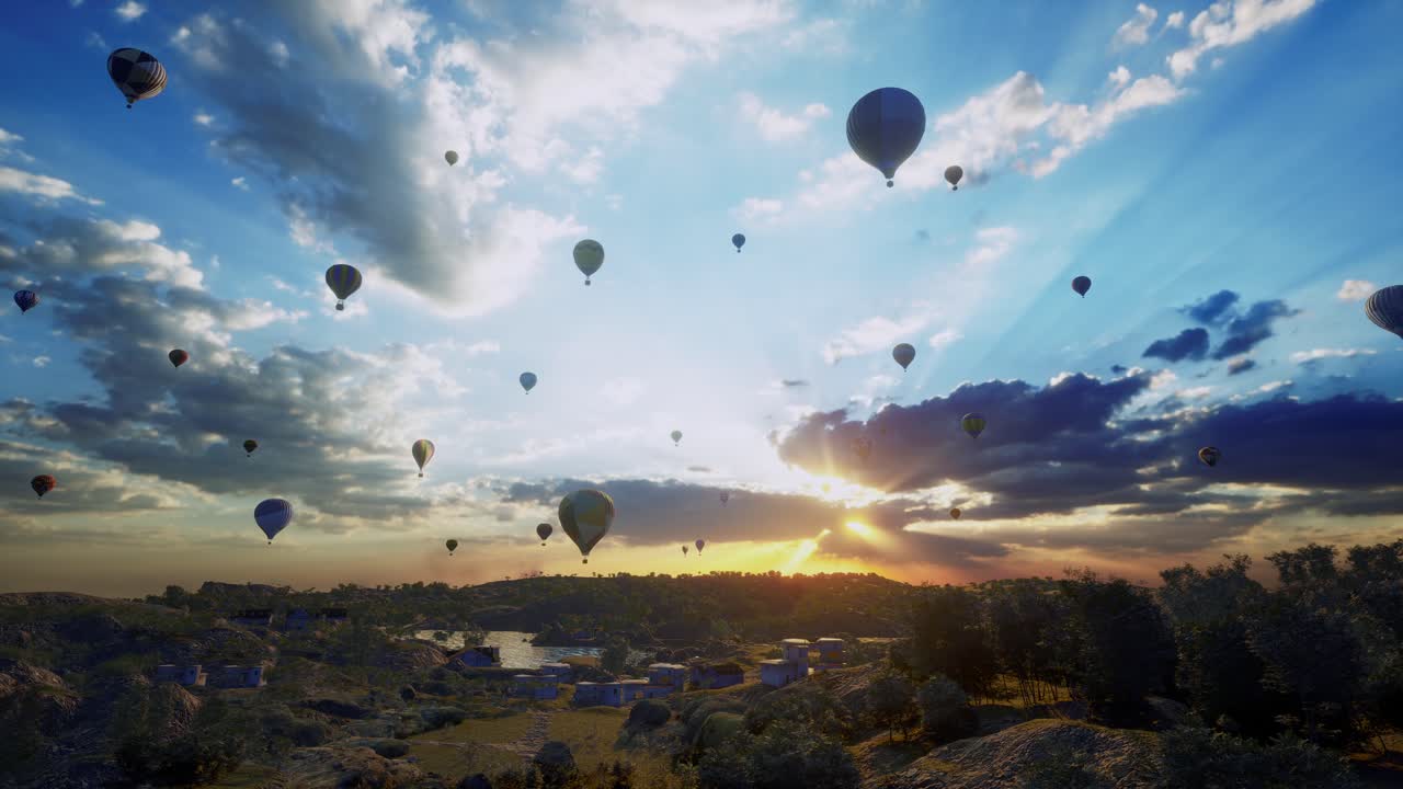 뜨거운 공기 풍선, 서서히 다른 사람들과 함께 도시 위로 날아, 해가 지는 시간