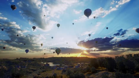 hot air balloons, slowly flying up with others over the city, sunset time