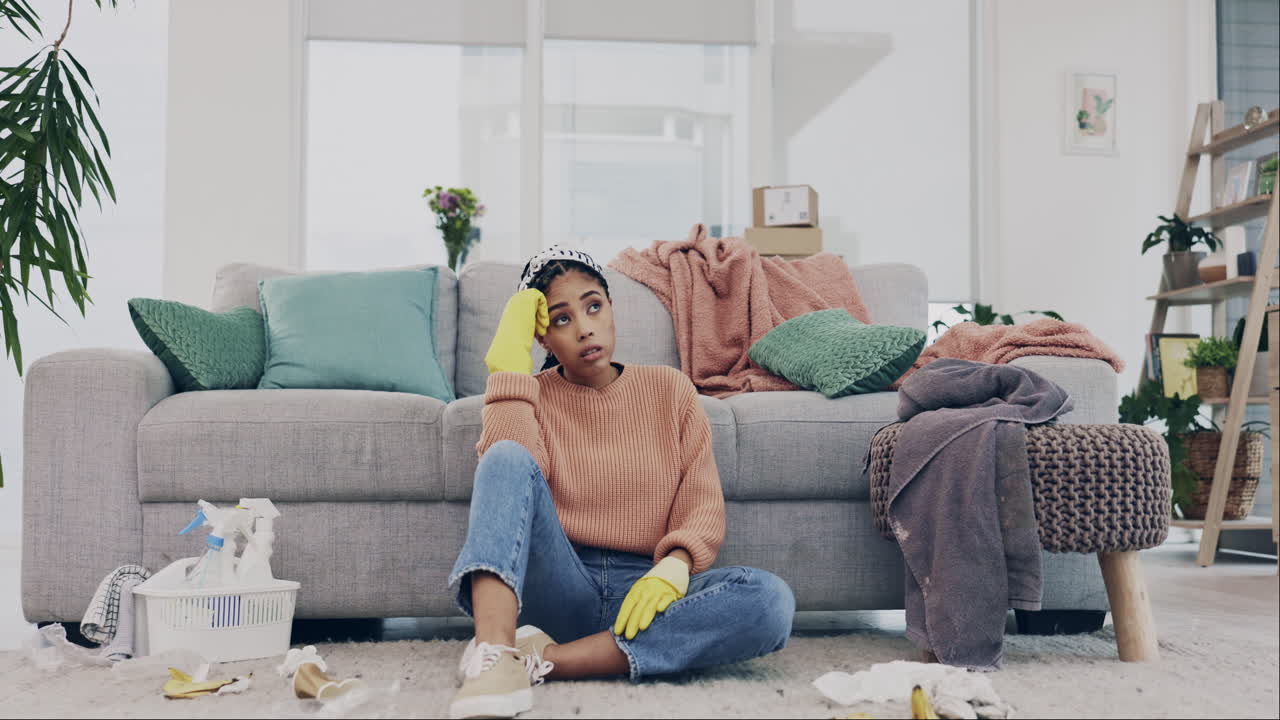 집안일, 피곤하고 소파에 여자 청소기