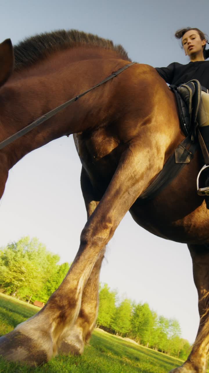 Mujer montando un caballo en un campo