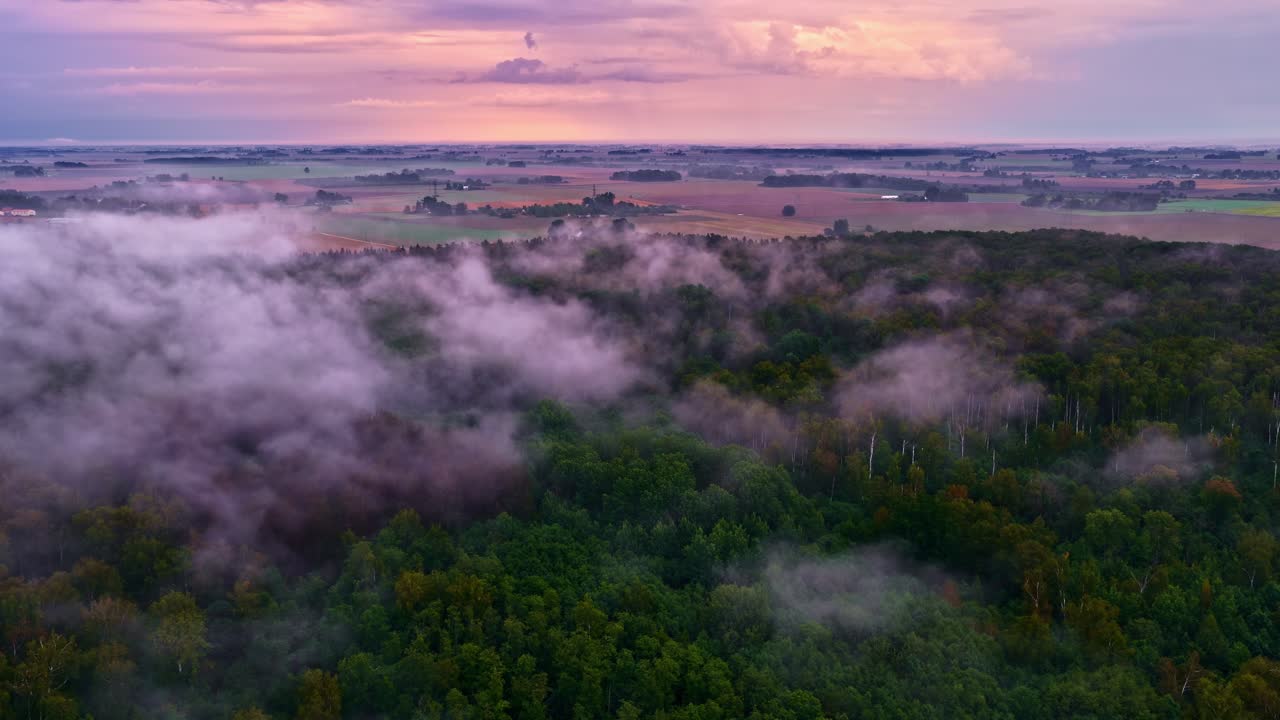 Dronebillede af en smuk solopgang med skyer, der driver hen over en skov og tykke cumulus-skyer på himlen