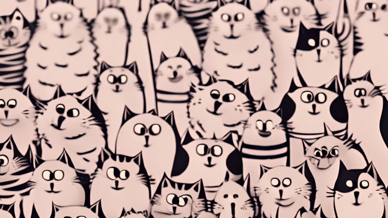 Cartoon cats with various expressions, black and white animation