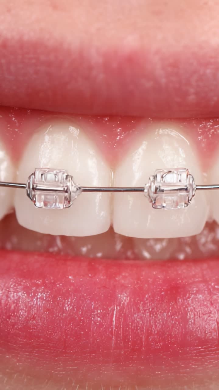 Close-Up View of Clear Braces on Teeth, Showcasing Orthodontic Language and Dental Care in a Bright and Clean Environment for Healthy Smiles
