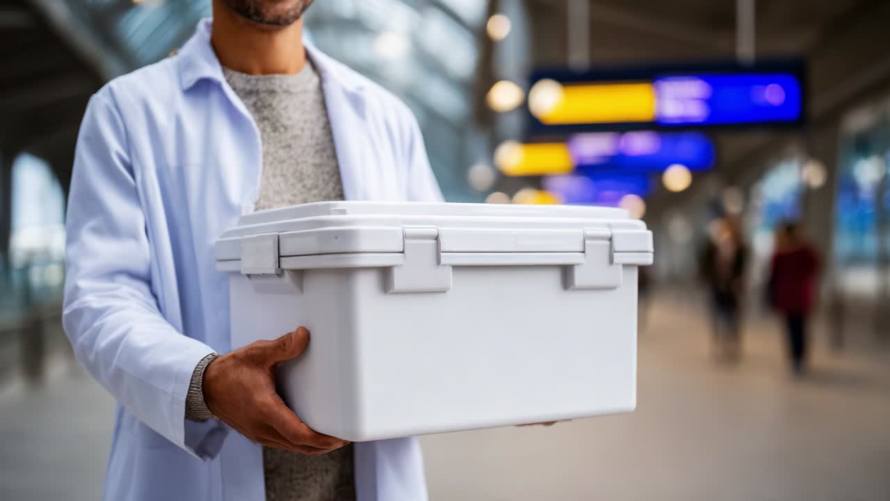 A healthcare professional in a lab coat stands in a bustling transport terminal, holding a white cooler box, symbolizing the importance of safe transport and handling of medical supplies, vaccines, or perishable items in modern logistics