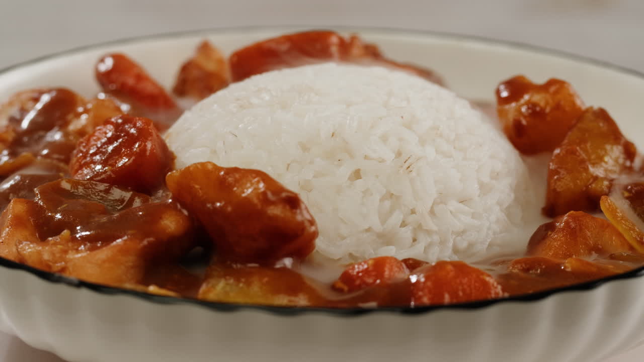 Japanese curry rice with fry pork Tonkatsu, Katsu Kare, Japanese breaded cooking dinner in restaurant, close up macro of asian food