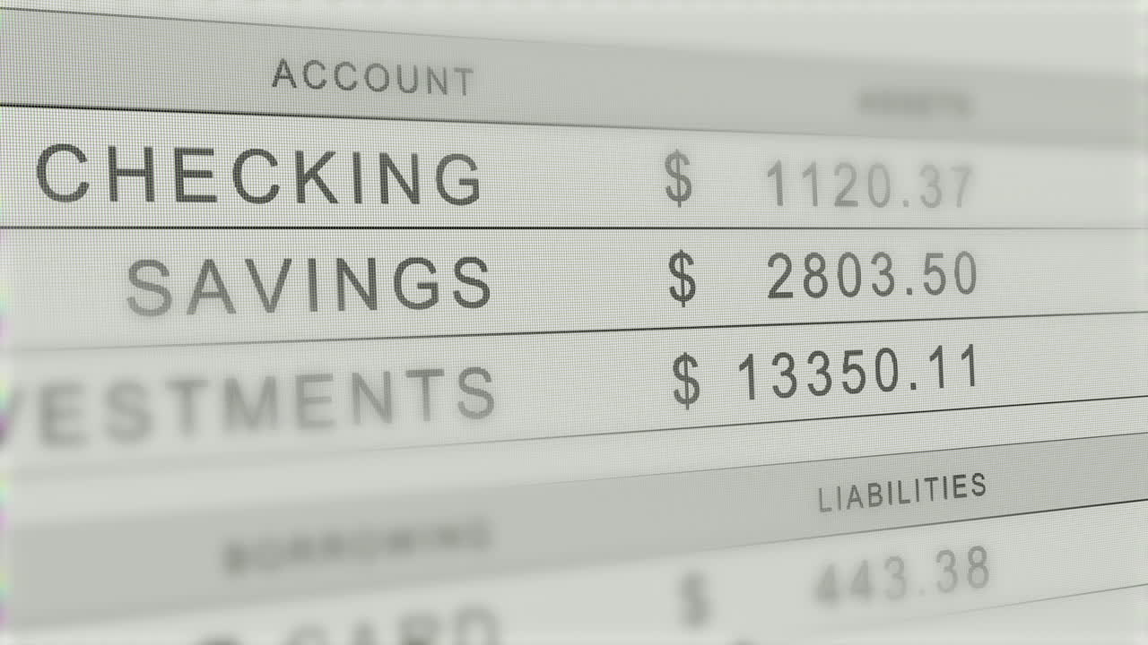 Close up of screen with bank accounts - as checking, savings and investment totals all drop to zero