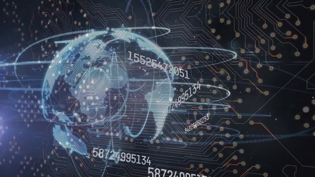 Animation of integrated circuit over globe and lights in navy space