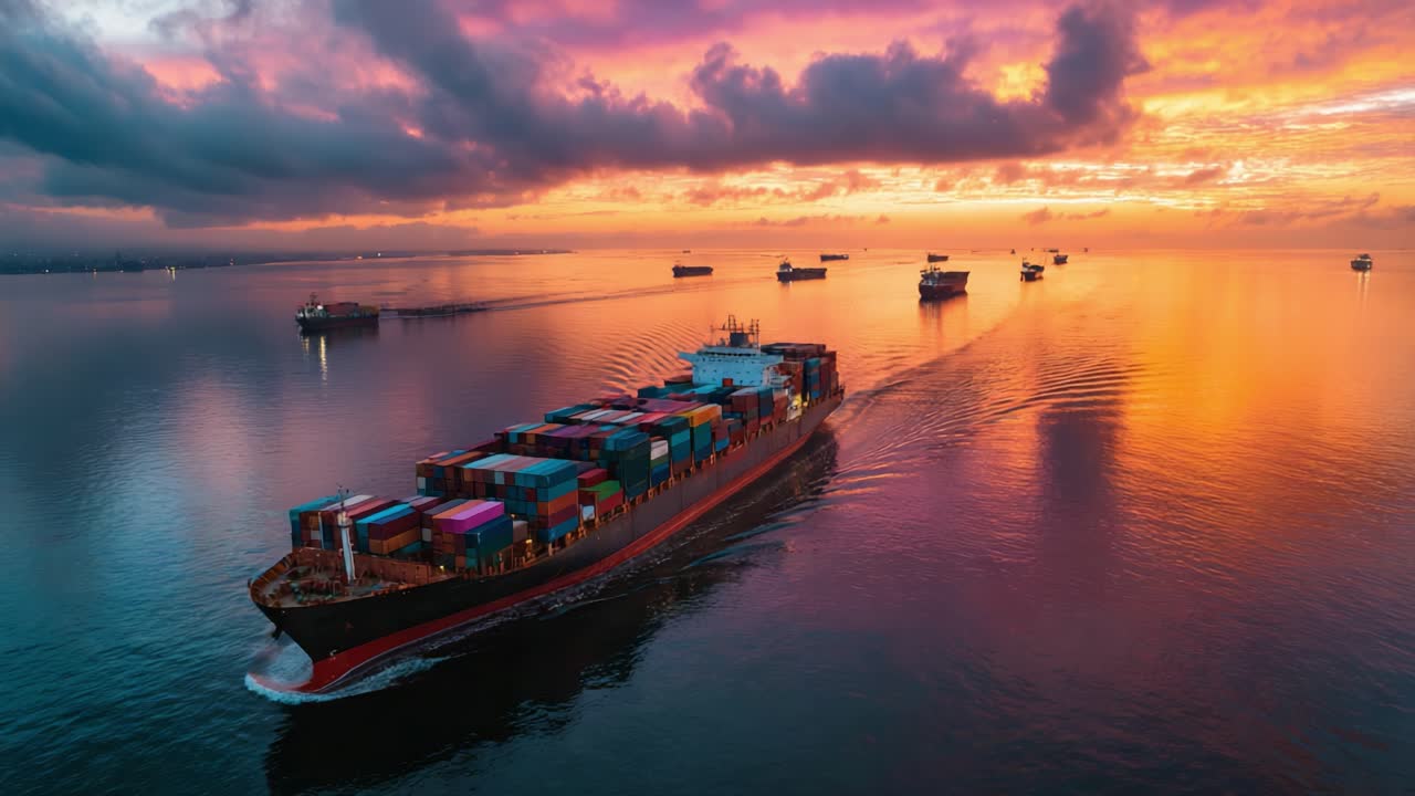 A Majestic Cargo Ship Navigating Through Calm Waters at Sunset, Surrounded by Other Vessels Against a Backdrop of Rich Colors in the Sky and Reflection on the Surface