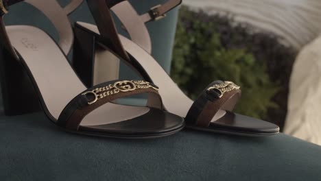 gucci shoes on wedding day, decoration outdoor hotel in morning background