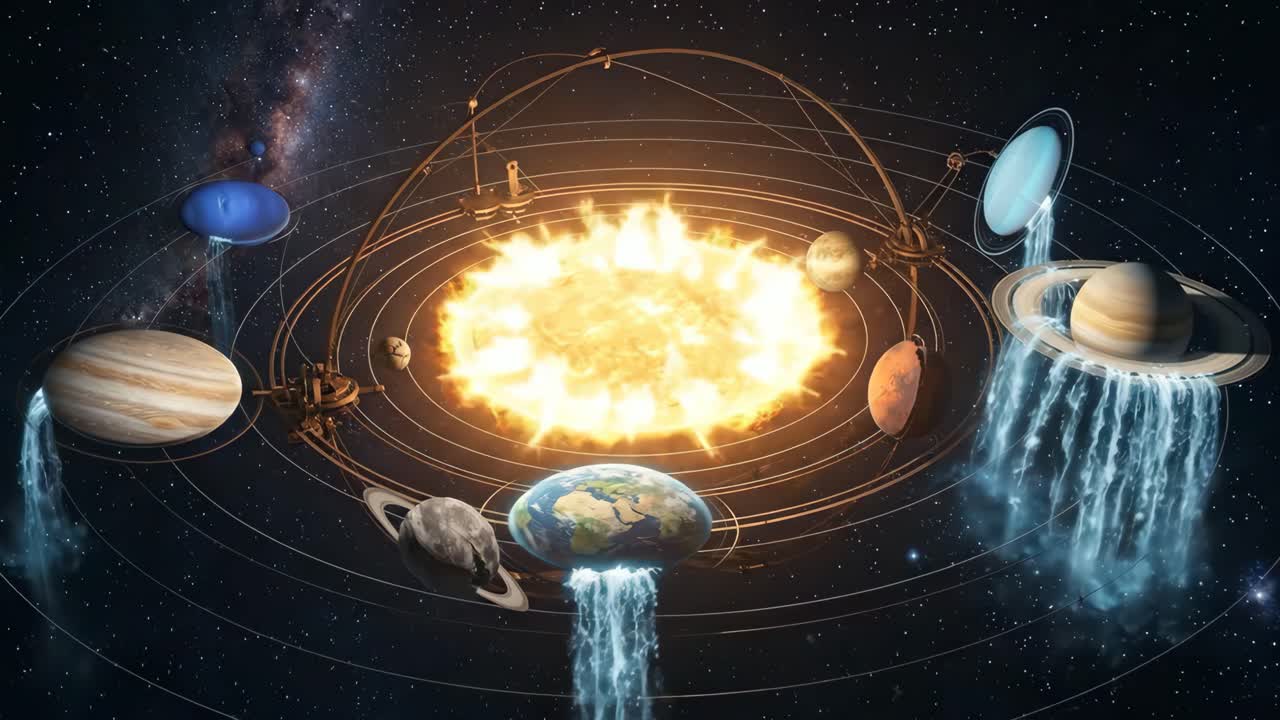 Stylized Solar System with Planets Orbiting the Sun in Space