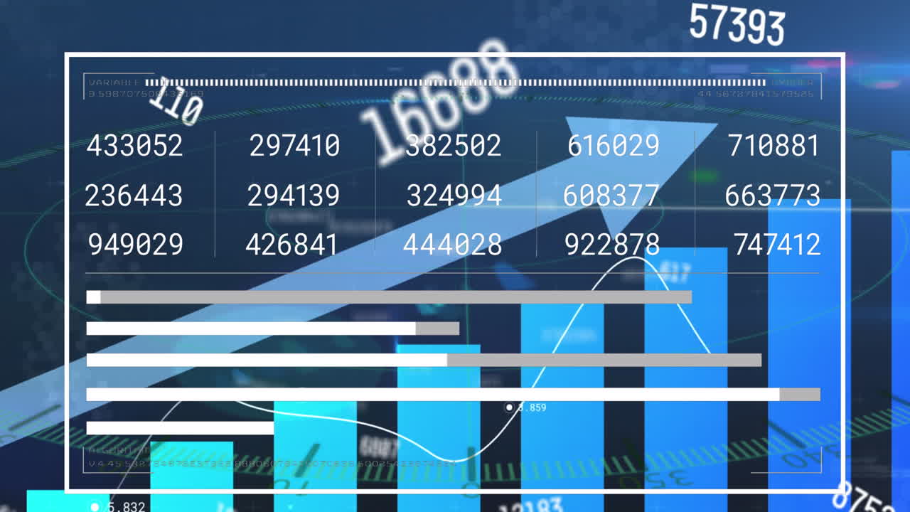 파란색 배경에 성장하는 그래프와 화살표 위에 변하는 숫자와 로딩 바의 애니메이션