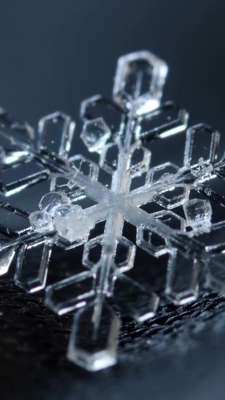 Video verticale: Telecamera macro che mette a fuoco un fiocco di neve trasparente su una superficie di tessuto scuro, rivelandone le sfaccettature.