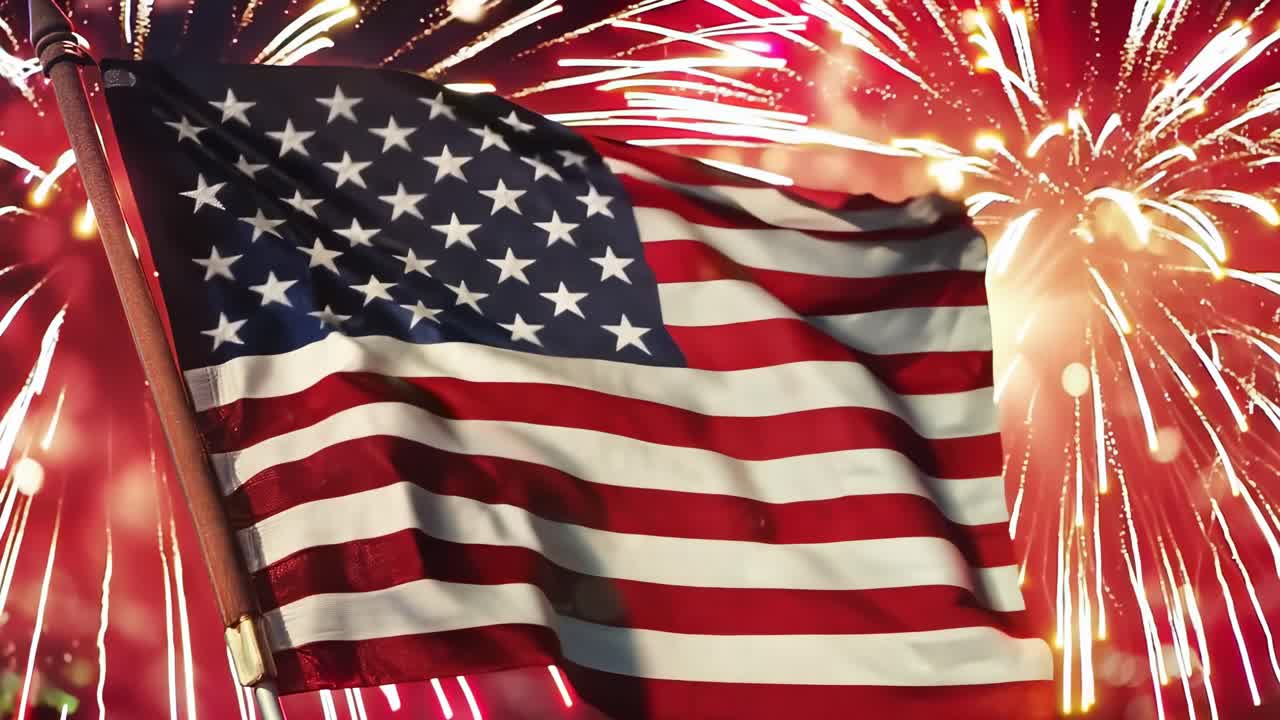 A low-angle video shot of the American flag waving against a vibrant backdrop of fireworks