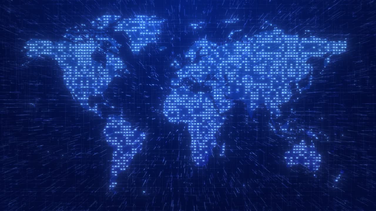 Futuristic World Map: Abstract Blue Matrix of Binary Codes and Circuitry Lines for Big Data and Artificial Intelligence Technology