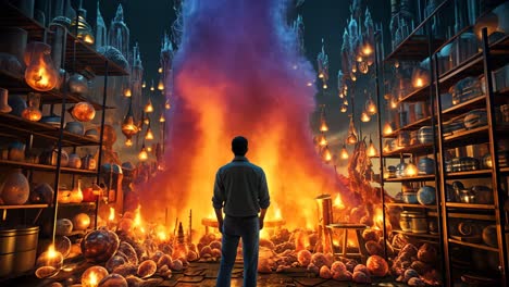 man admires colorful energy burst in a mystical laboratory at sunset