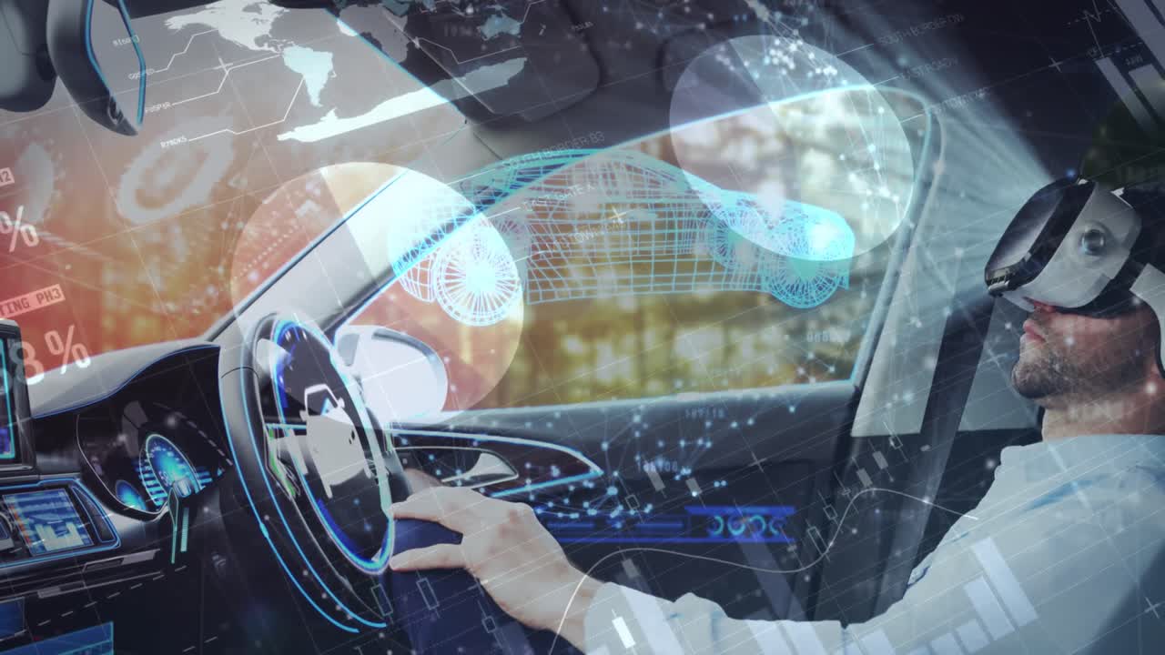 animación del procesamiento de datos sobre un hombre de negocios caucásico usando auriculares vr en el coche