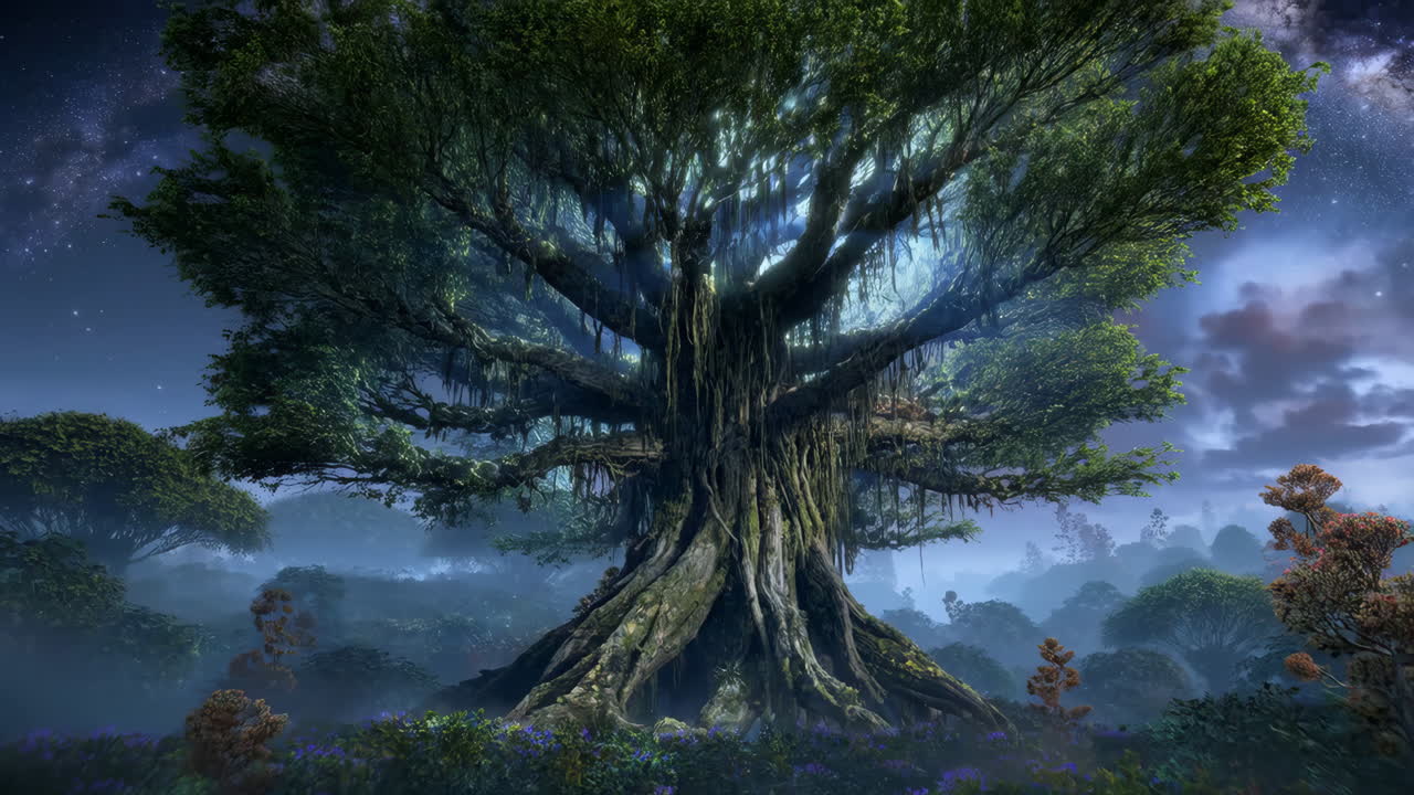 Ancient Mystical Tree in a Fantasy Forest at Night