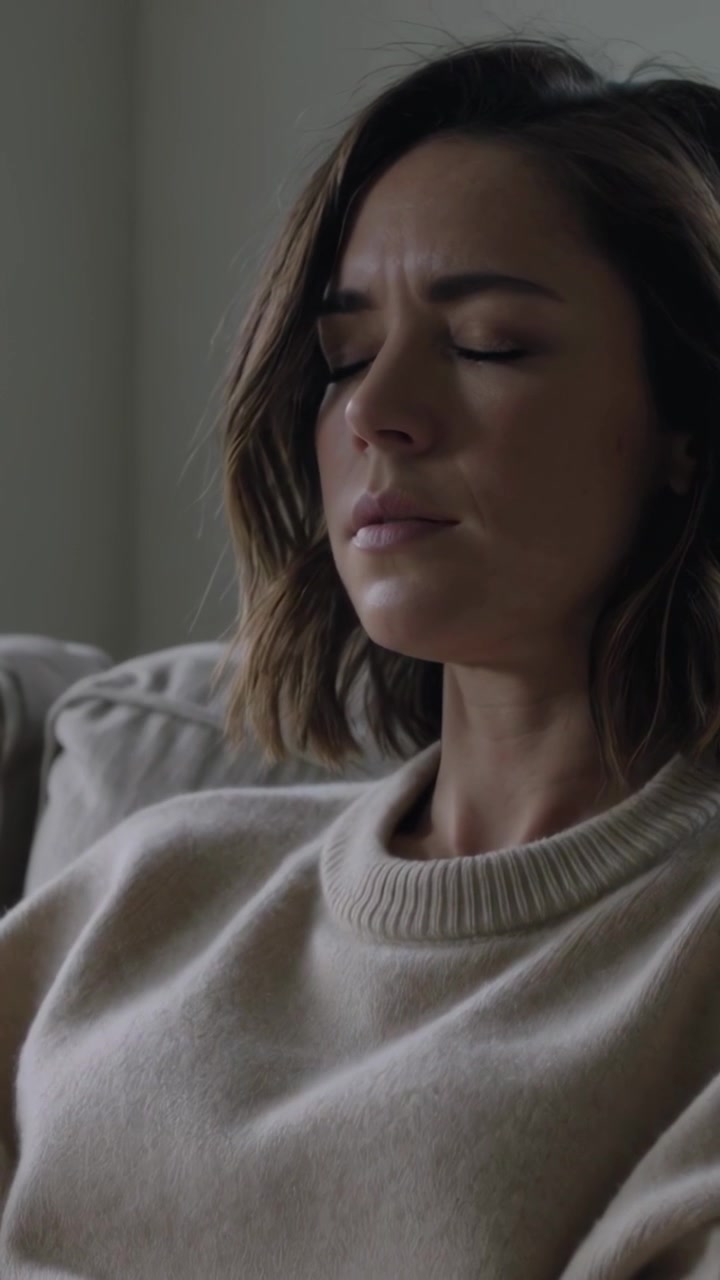 Video verticale: Donna con la fronte corrugata, in maglione di maglia beige, che respira per calmarsi su un cuscino del divano.
